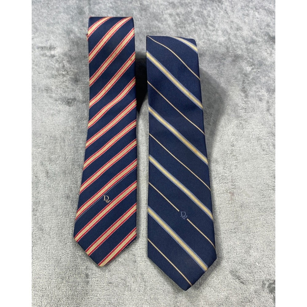 Lot of 2 Vintage Christian Dior Ties Designer Silk Blend Blue Red Striped Preppy